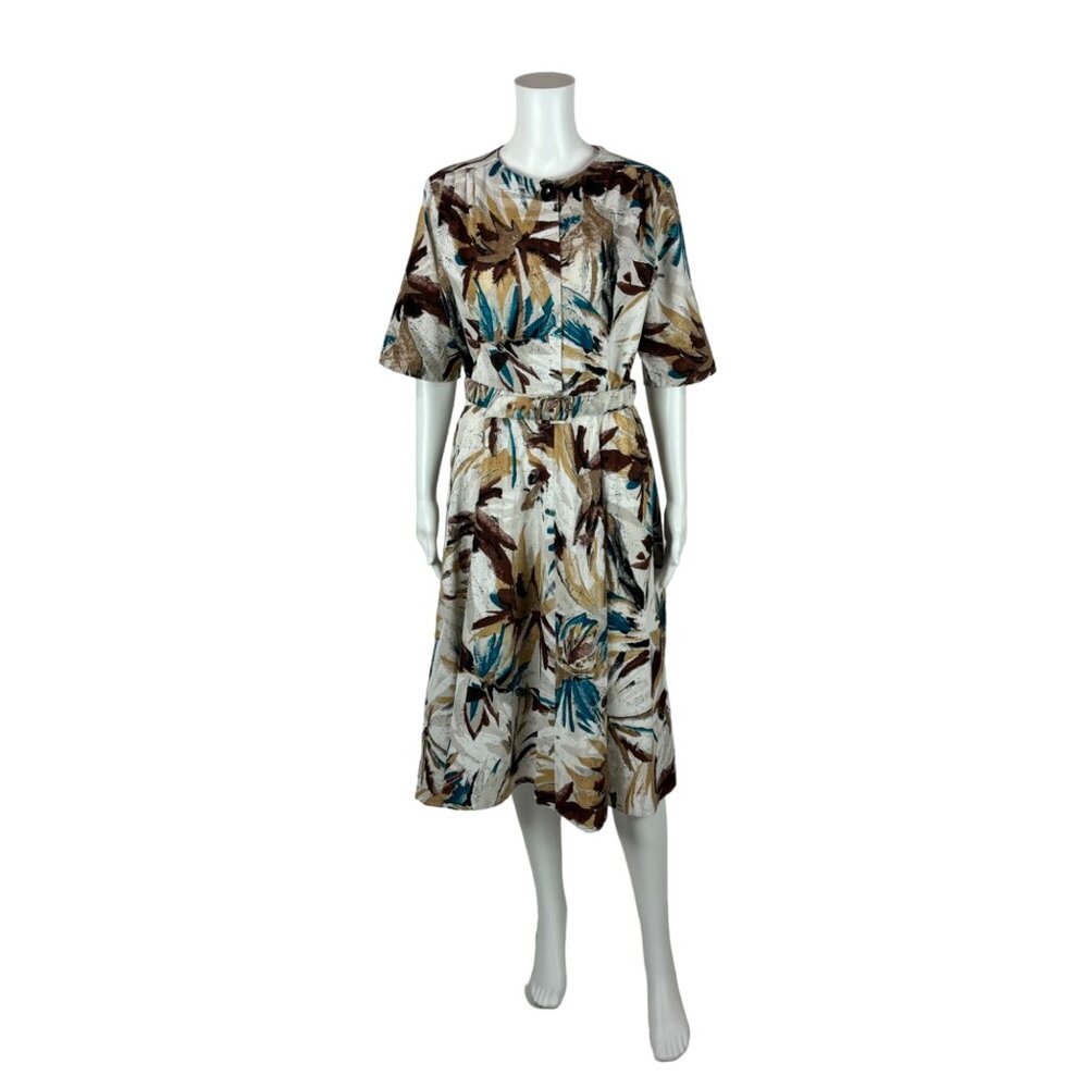 Vintage 80s Dress Women's Medium Artsy Brown Blue Fit And Flare Belted